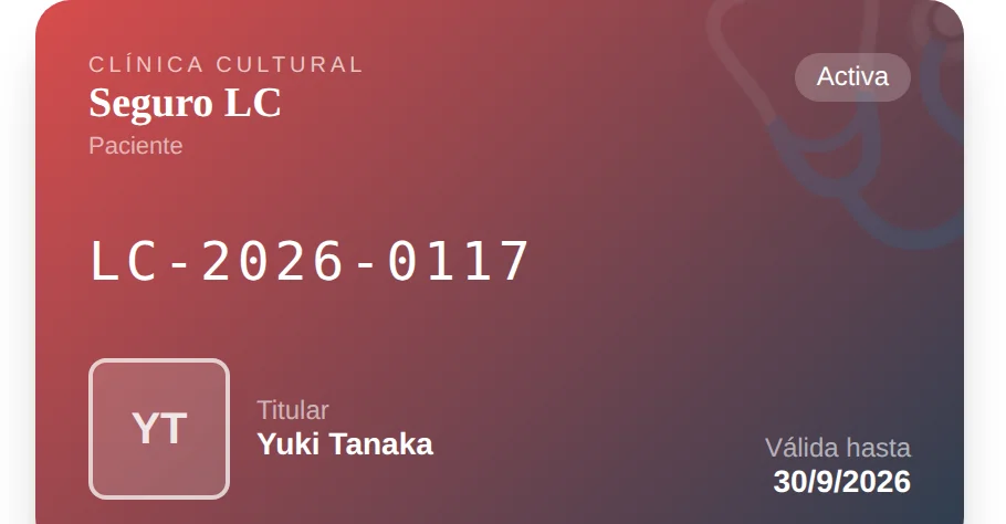 Tarjeta digital del Seguro LC de ejemplo, a nombre de una estudiante